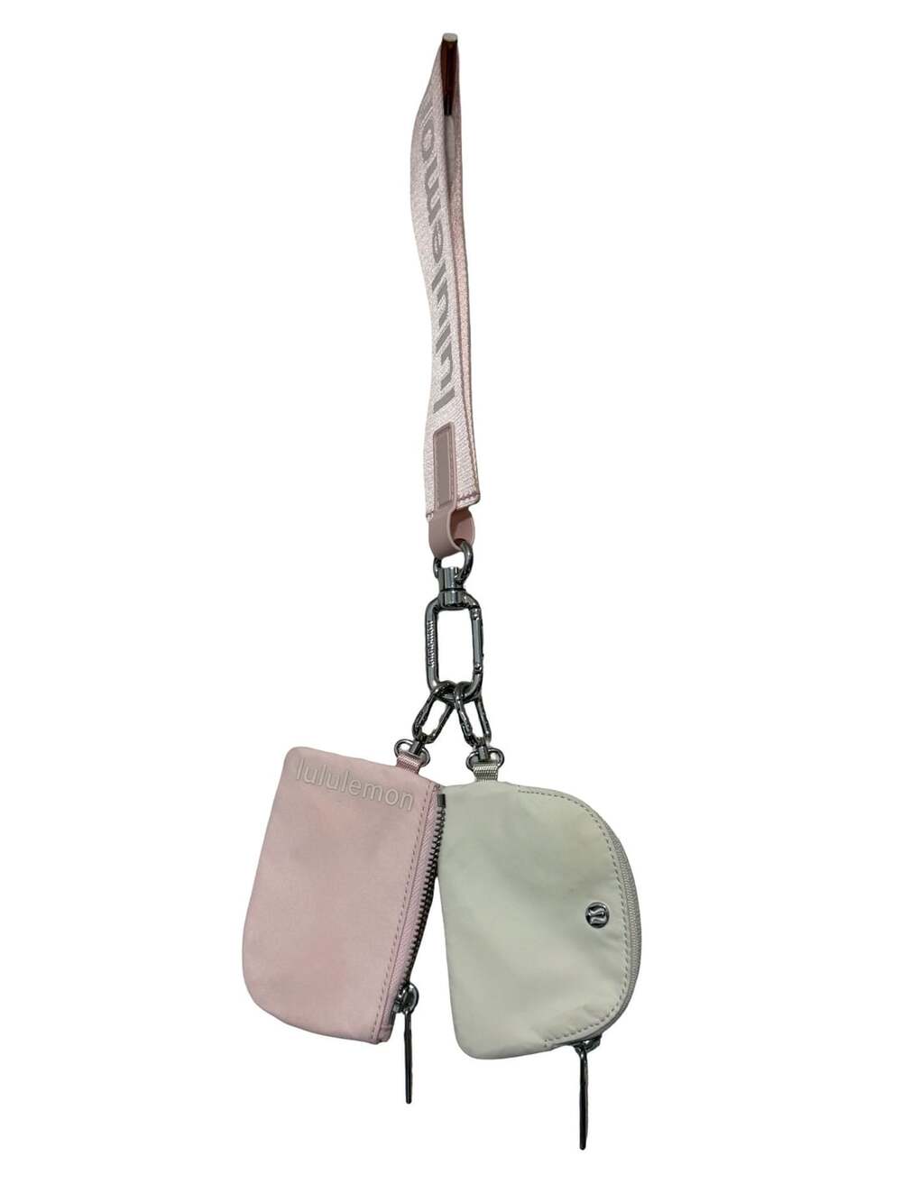 Lululemon Dual Pouch Wristlet Metallic Wordmark Pink Pastel White Opal